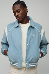 Regular Fit PU Panel Cord Back Applique Bomber Jacket