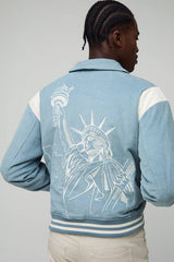 Regular Fit PU Panel Cord Back Applique Bomber Jacket