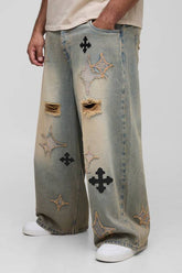 Plus Distressed Applique Tinted Baggy Fit Jeans