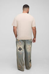 Plus Distressed Applique Tinted Baggy Fit Jeans