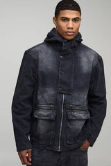 Oversized Funnel Neck Crinkle Acid Wash Jacket