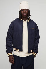 Boxy Fit Faux Suede Chunky Rib Embroidered Bomber Jacket