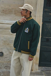Oversized Fit Melton Funnel Neck Embroidered Crest Bomber Jacket