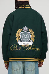 Oversized Fit Melton Funnel Neck Embroidered Crest Bomber Jacket