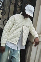 Boxy Fit Embroidered Diamond Quilted Nylon Bomber Jacket