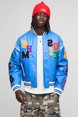 Boxy Fit Letter Badge Applique PU Varsity Bomber Jacket