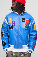 Boxy Fit Letter Badge Applique PU Varsity Bomber Jacket