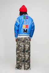 Boxy Fit Letter Badge Applique PU Varsity Bomber Jacket