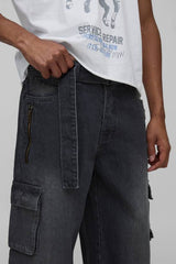 Relaxed Stacked Washed Multi Cargo Denim Jeans
