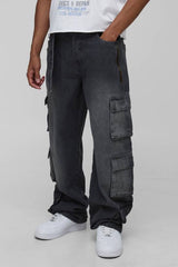 Relaxed Stacked Washed Multi Cargo Denim Jeans