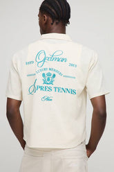 Oversized Boxy Revere Linen Look Apres Tennis Embroidered Shirt