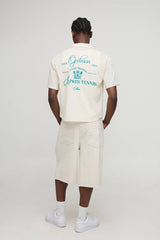 Oversized Boxy Revere Linen Look Apres Tennis Embroidered Shirt
