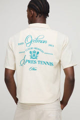 Oversized Boxy Revere Linen Look Apres Tennis Embroidered Shirt