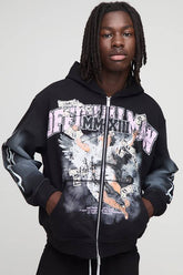 Oversized Boxy Glitter Print Spray Wash Graphic Zip Up Hoodie