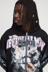 Oversized Boxy Glitter Print Spray Wash Graphic Zip Up Hoodie