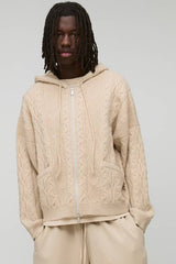 Oversized Zip Up Cable Knitted Hoodie