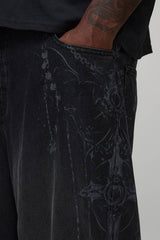Plus Super Baggy Extreme Washed Laser Printed Denim Jeans
