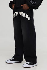 Baggy Fit PU Applique Rhinestone Cross Jeans