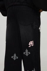 Baggy Fit PU Applique Rhinestone Cross Jeans