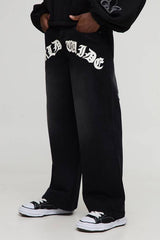 Baggy Fit PU Applique Rhinestone Cross Jeans