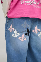 Baggy Fit PU Applique Rhinestone Jeans