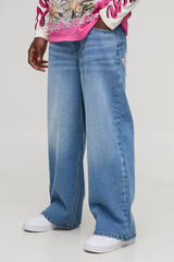 Baggy Fit PU Applique Rhinestone Jeans