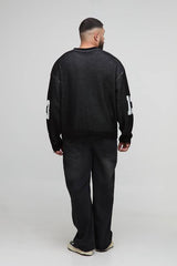 Plus Ribbed Knit Oversized Distressed Varsity Jumper