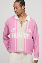 Oversized Boxy Long Sleeve Football Knitted Polo
