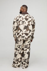 Plus Washed Cow Print Boxy Oversized Denim Jacket