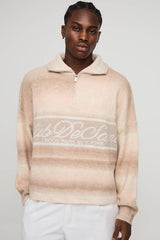 Oversized Boxy Fit Ombre Stripe Graphic Funnel Neck Knitted Jumper