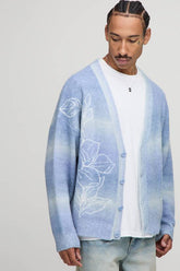 Oversized Boxy Fit Ombre Stripe Floral Graphic Knitted Cardigan