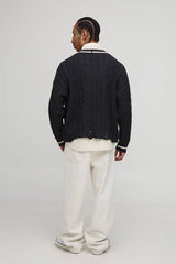 Boxy V Neck Cable Distressed Cricket Knitted Jumper
