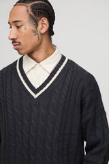 Boxy V Neck Cable Distressed Cricket Knitted Jumper