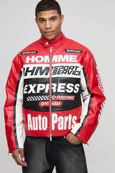 Boxy Fit Homme Moto PU Varsity Bomber Jacket