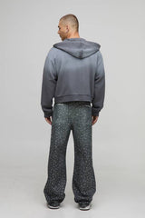 Shrunken Fit Rhinestone Washed Zip Through Hoodie