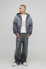 Shrunken Fit Rhinestone Washed Zip Through Hoodie