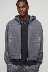 Oversized Boxy Rhinestone Zip Through Hoodie