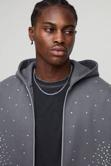 Oversized Boxy Rhinestone Zip Through Hoodie