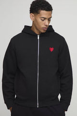 Regular Zip Through Heart Embroidered Hoodie
