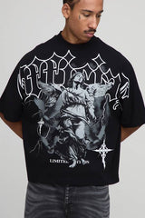 Black Oversized Boxy Heavyweight Angel Printed T-Shirt