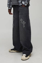 Baggy Fit Washed Cross Applique Jeans