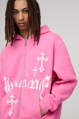 Oversized Homme Pearl Embellished Zip Through Hoodie