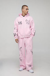 Oversized Boxy Graffiti Graphic Zip Through Hoodie