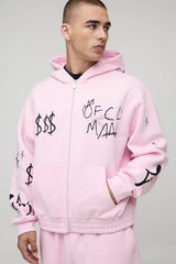 Oversized Boxy Graffiti Graphic Zip Through Hoodie