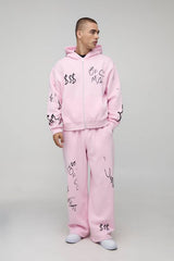 Oversized Boxy Graffiti Graphic Zip Through Hoodie