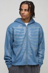 Oversized Boxy Diamante Skeleton Zip Through Hoodie