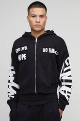Shrunken Fit Graffiti Applique Zip Through Hoodie