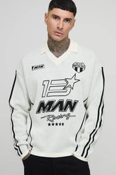 Tall Oversized Boxy Moto Jacquard Knitted Long Sleeve T-Shirt