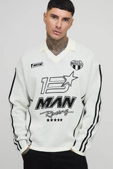 Tall Oversized Boxy Moto Jacquard Knitted Long Sleeve T-Shirt