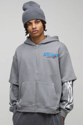 Oversized Boxy Moto Zip Through Faux Layer Hoodie